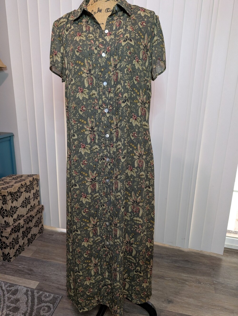 Charter Club Olive Green Floral Full Button Down Shirt Dress